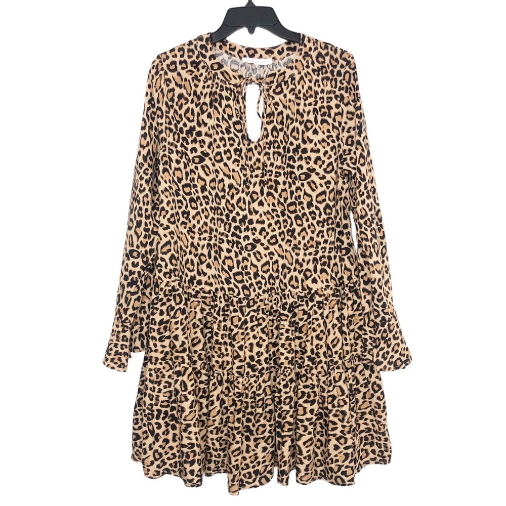 Olivaceous Babydoll Dress Long Sleeve Oversized Tiered Leopard Brown Size Small